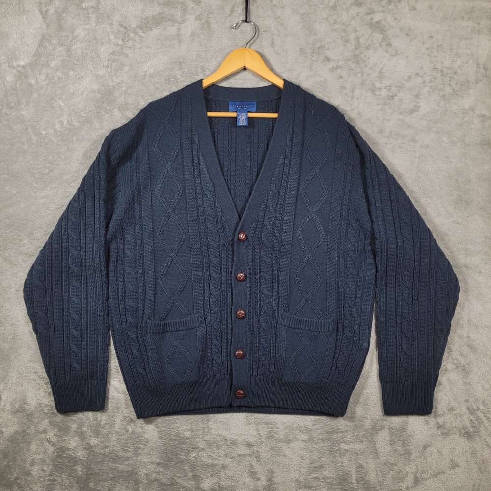 Vintage Towncraft Cardigan Mens XL Navy Blue Cable Knit V-Neck Long Sleeve